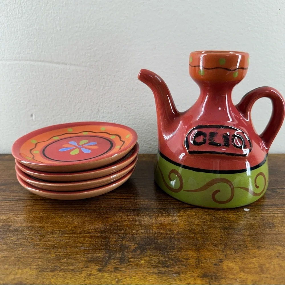 VTG Hand Painted Spanish Ceramic Olio Oil Cruet Pitcher & 4 Dipping Dishes Set